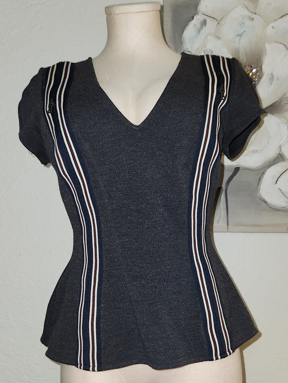 BCBGMaxAzria Dark Gray V-Neck Top with Navy and Cream Stripes